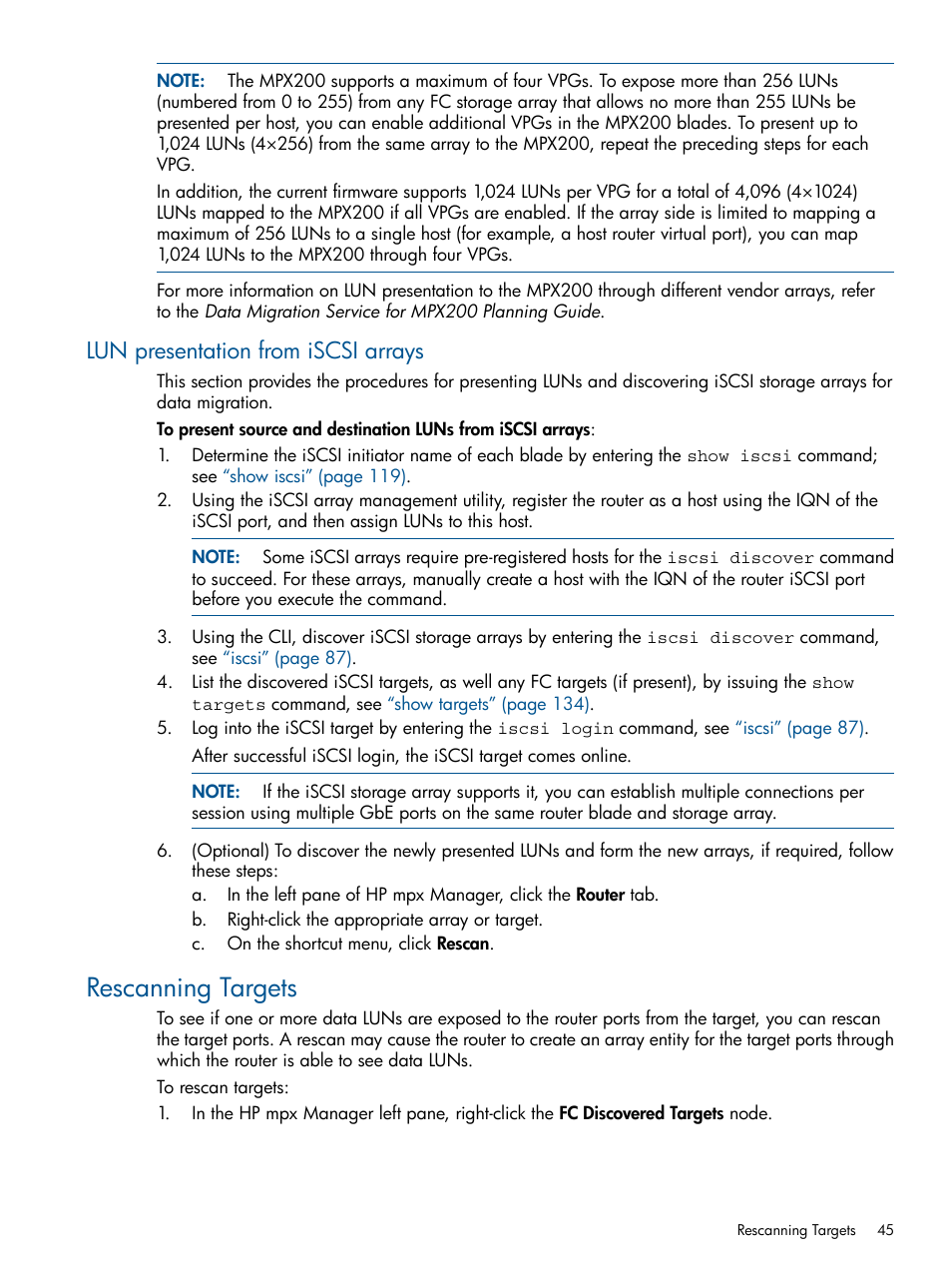 Lun presentation from iscsi arrays, Rescanning targets | HP MPX200 Multifunction Router User Manual | Page 45 / 180