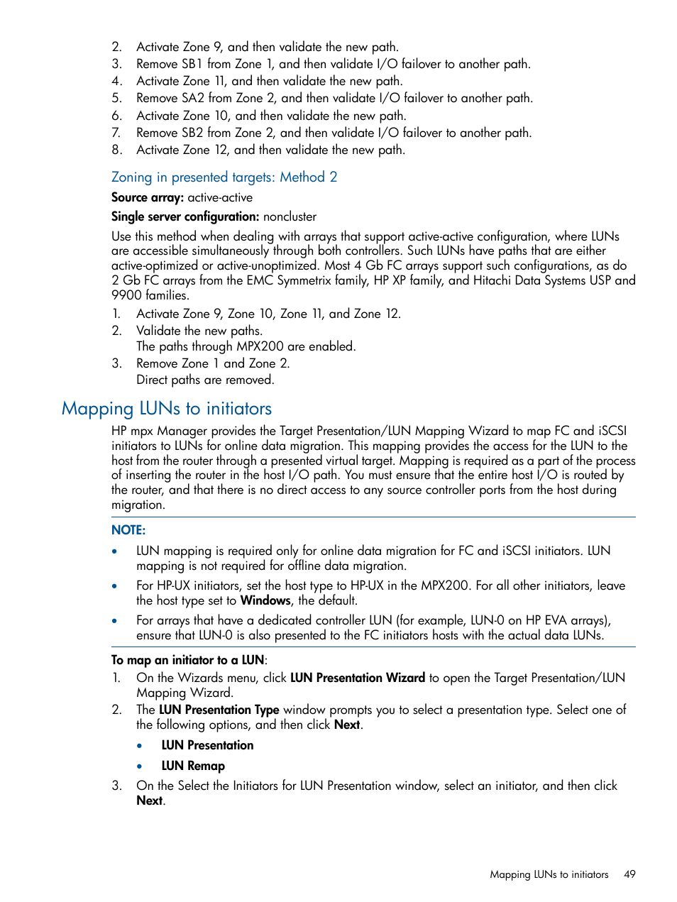 Mapping luns to initiators | HP MPX200 Multifunction Router User Manual | Page 49 / 180