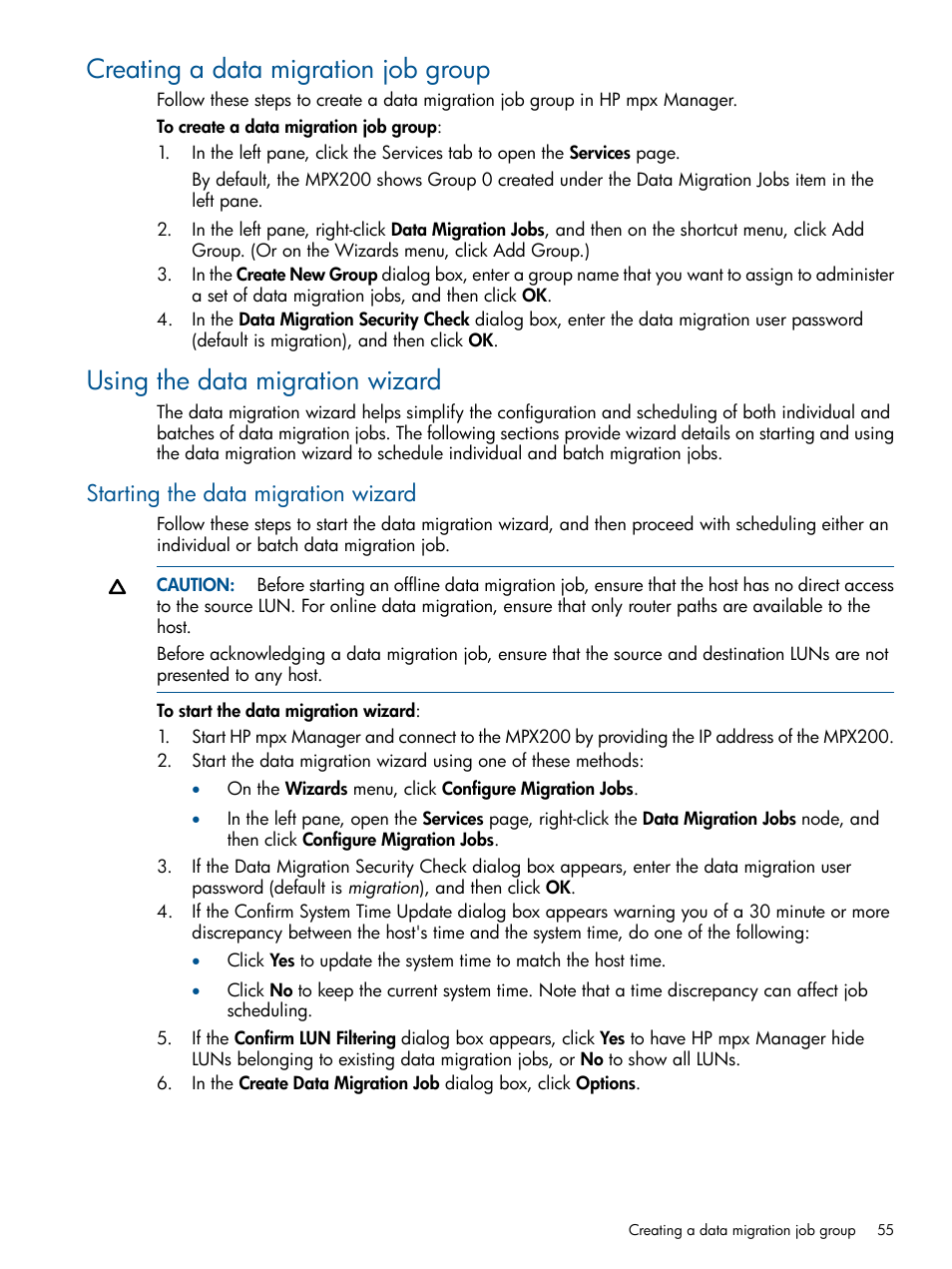 Creating a data migration job group, Using the data migration wizard, Starting the data migration wizard | HP MPX200 Multifunction Router User Manual | Page 55 / 180