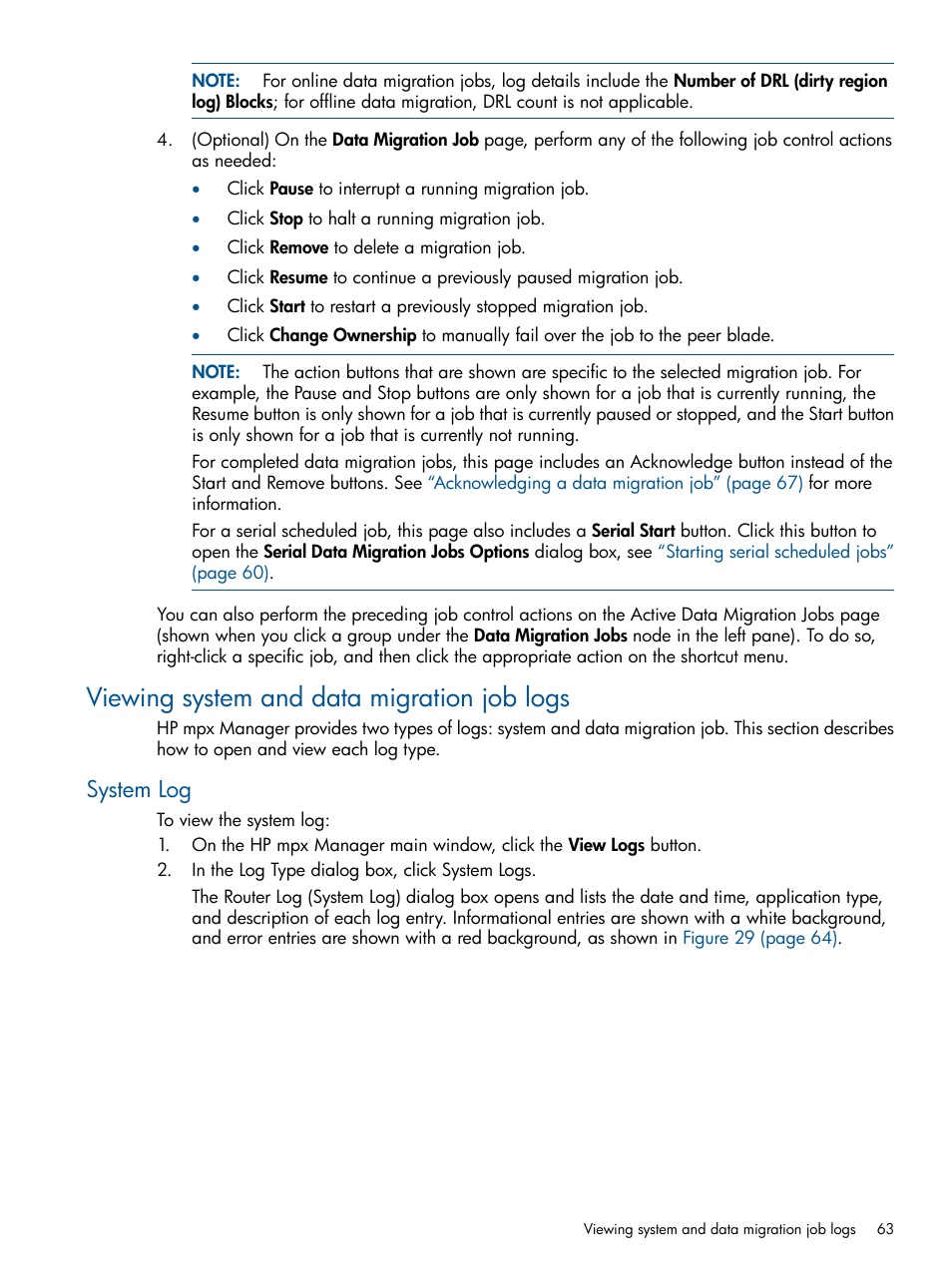 Viewing system and data migration job logs, System log | HP MPX200 Multifunction Router User Manual | Page 63 / 180