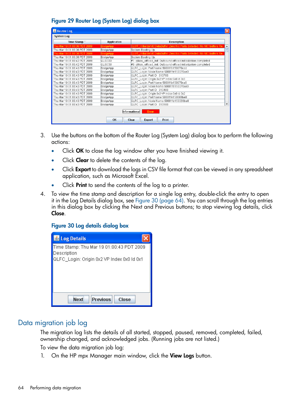 Data migration job log, Data | HP MPX200 Multifunction Router User Manual | Page 64 / 180