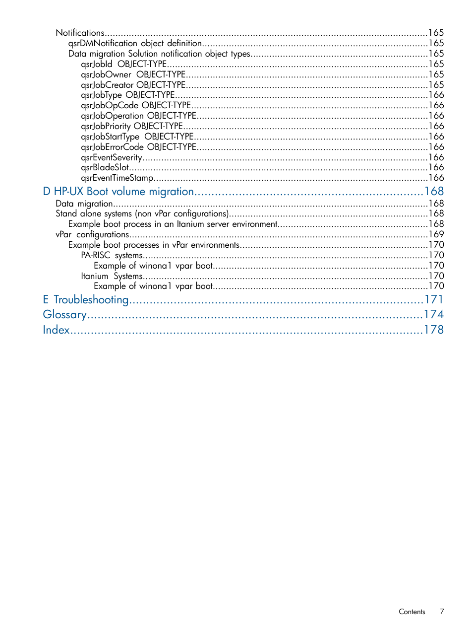 D hp-ux boot volume migration, E troubleshooting glossary index | HP MPX200 Multifunction Router User Manual | Page 7 / 180