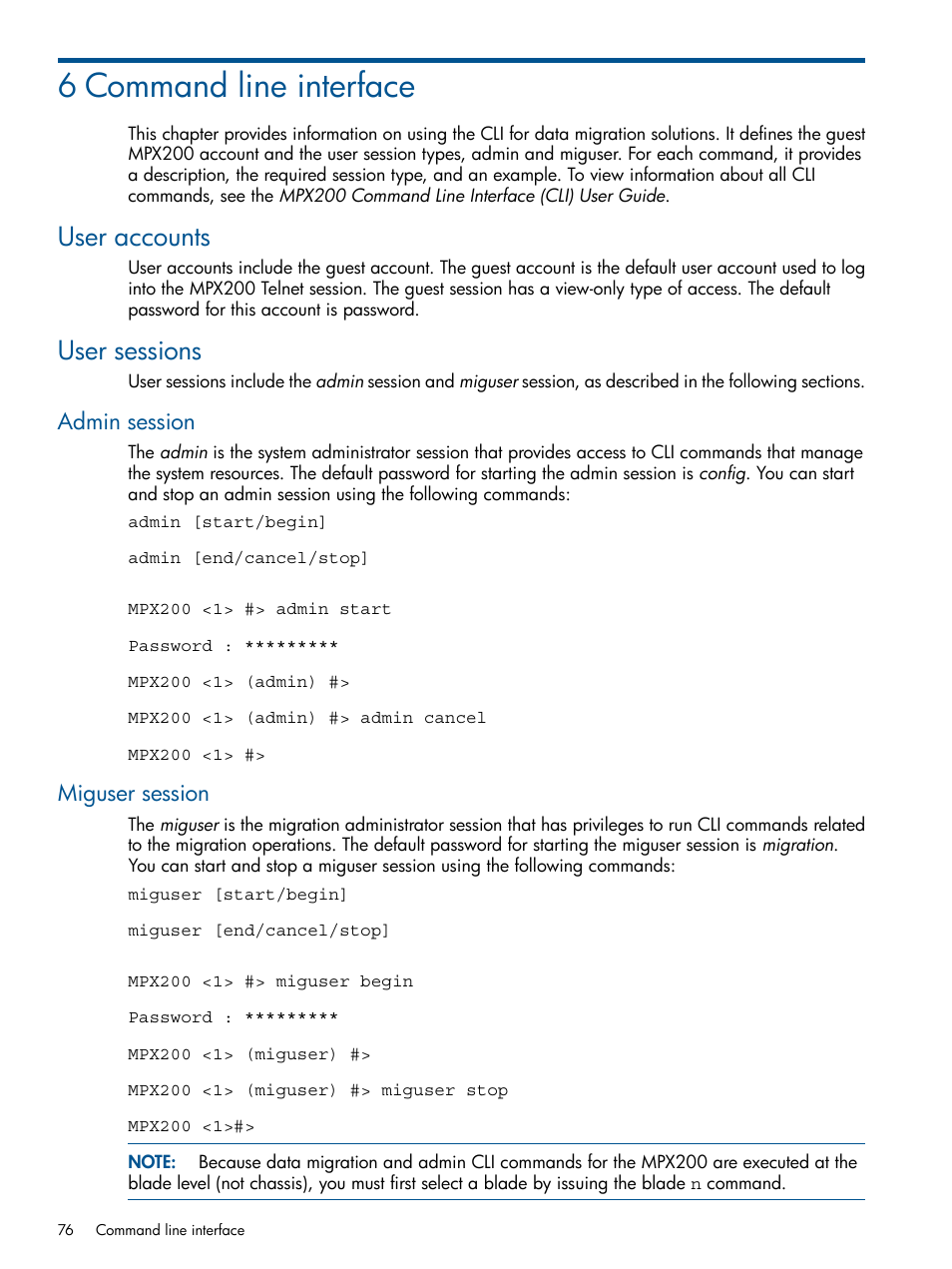 6 command line interface, User accounts, User sessions | Admin session, Miguser session, User accounts user sessions, Admin session miguser session | HP MPX200 Multifunction Router User Manual | Page 76 / 180