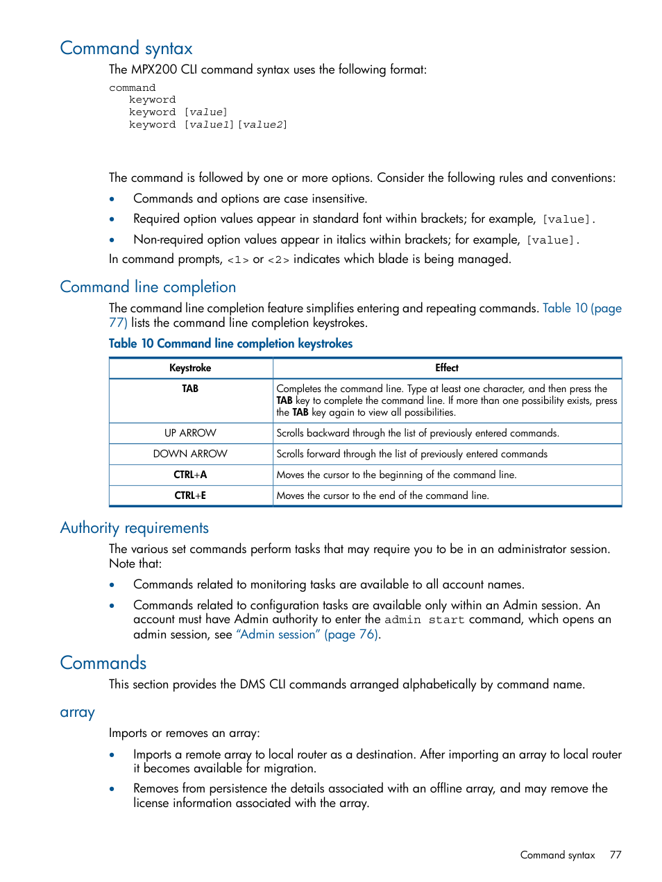 Command syntax, Command line completion, Authority requirements | Commands, Array, Command line completion authority requirements | HP MPX200 Multifunction Router User Manual | Page 77 / 180