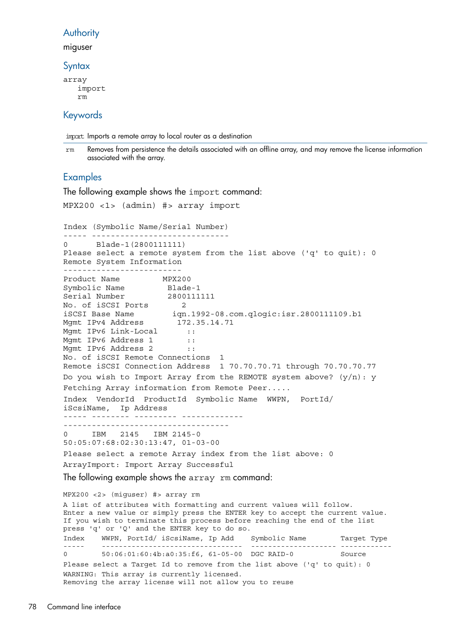 Authority, Syntax, Keywords | Examples | HP MPX200 Multifunction Router User Manual | Page 78 / 180