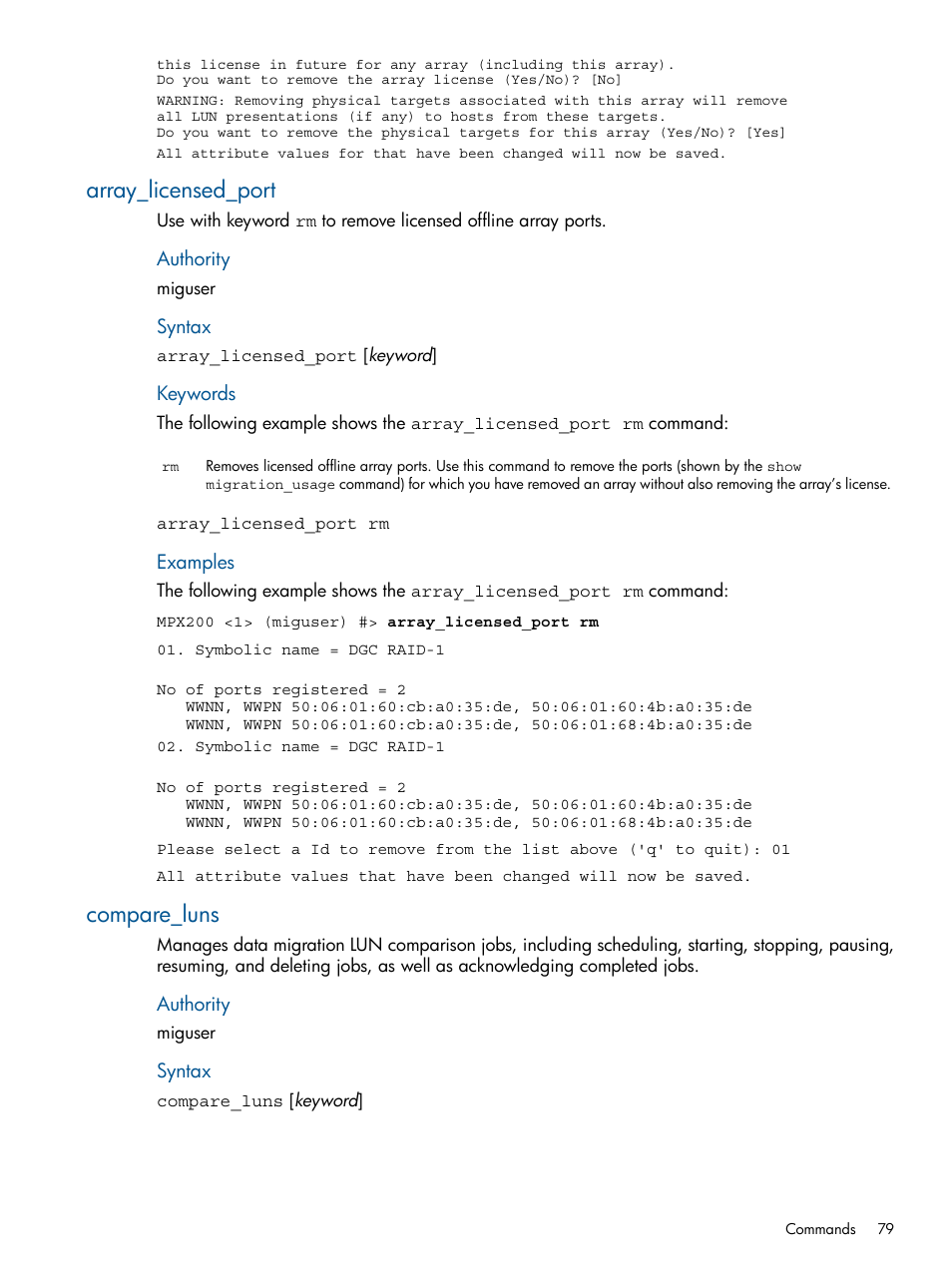 Array_licensed_port, Compare_luns, Array_licensed_port compare_luns | HP MPX200 Multifunction Router User Manual | Page 79 / 180