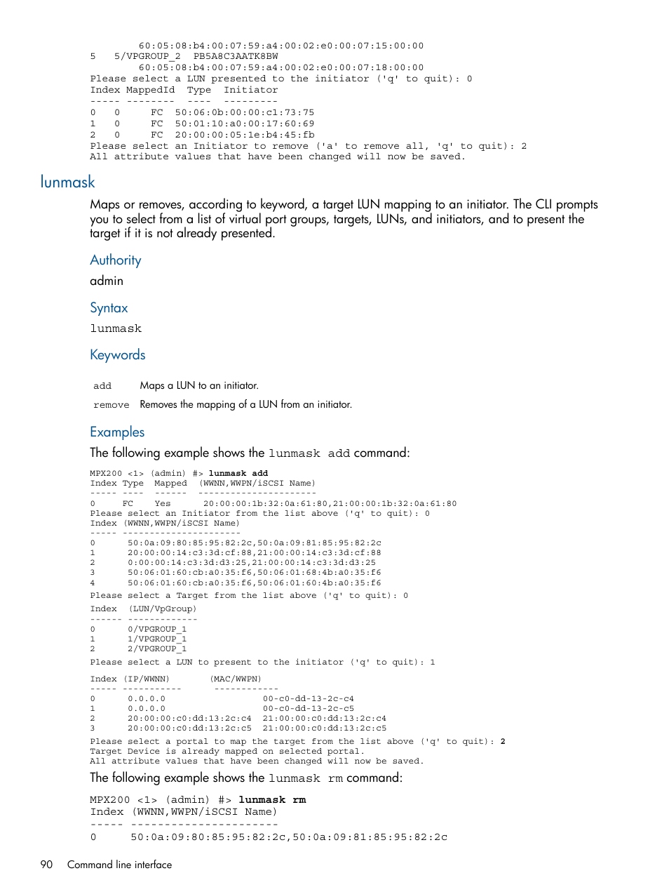 Lunmask, Authority, Syntax | Keywords, Examples | HP MPX200 Multifunction Router User Manual | Page 90 / 180