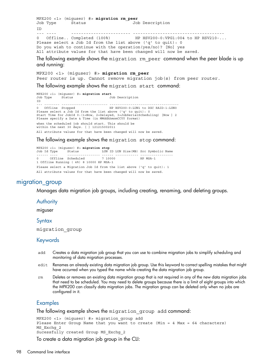 Migration_group, Authority, Syntax | Keywords, Examples | HP MPX200 Multifunction Router User Manual | Page 98 / 180