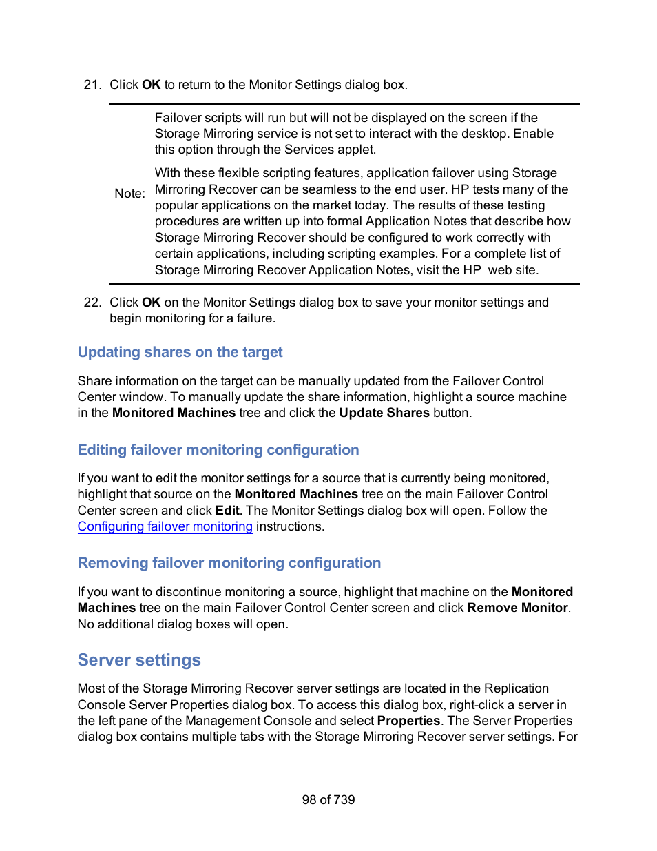 Updating shares on the target, Editing failover monitoring configuration, Removing failover monitoring configuration | Server settings | HP Storage Mirroring Software User Manual | Page 100 / 741