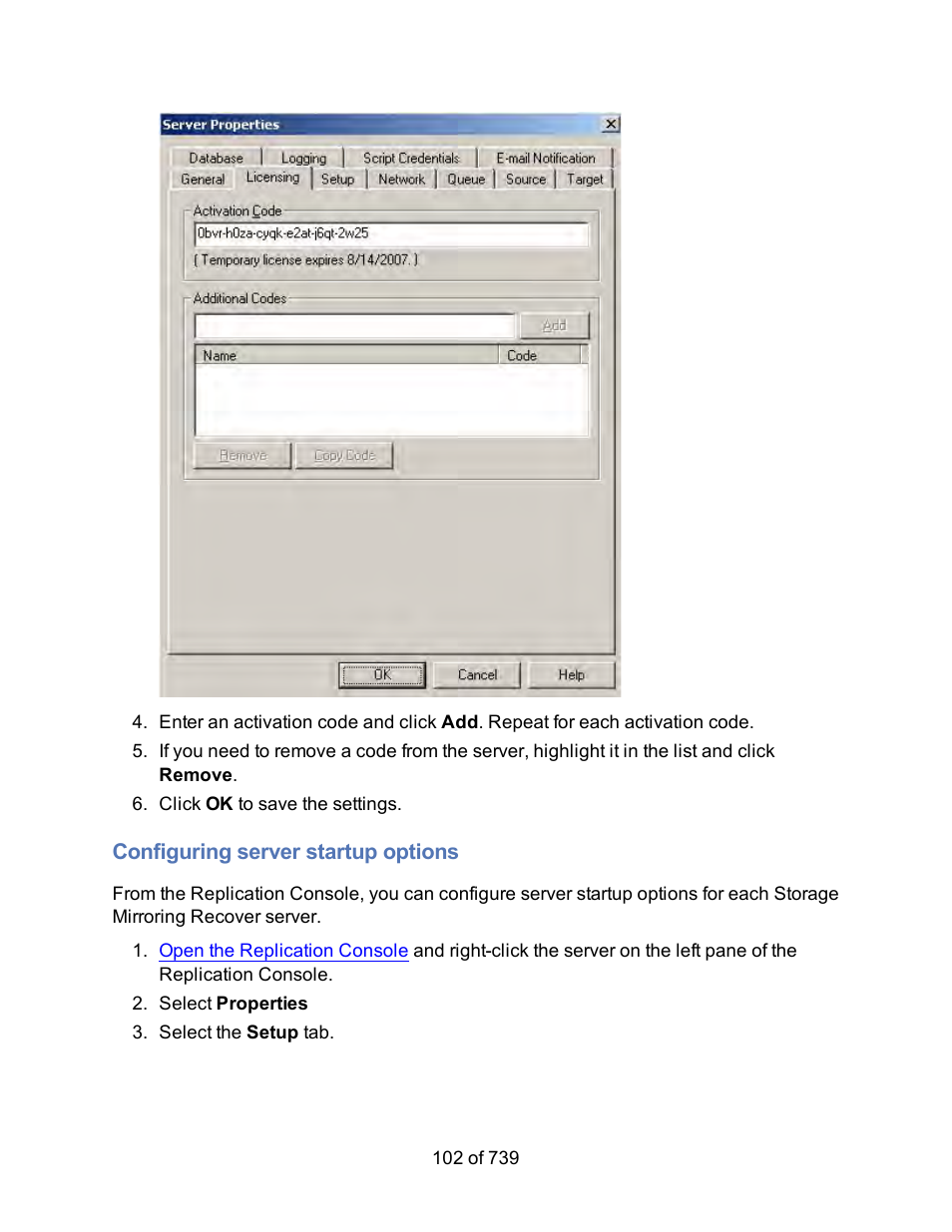 Configuring server startup options | HP Storage Mirroring Software User Manual | Page 104 / 741