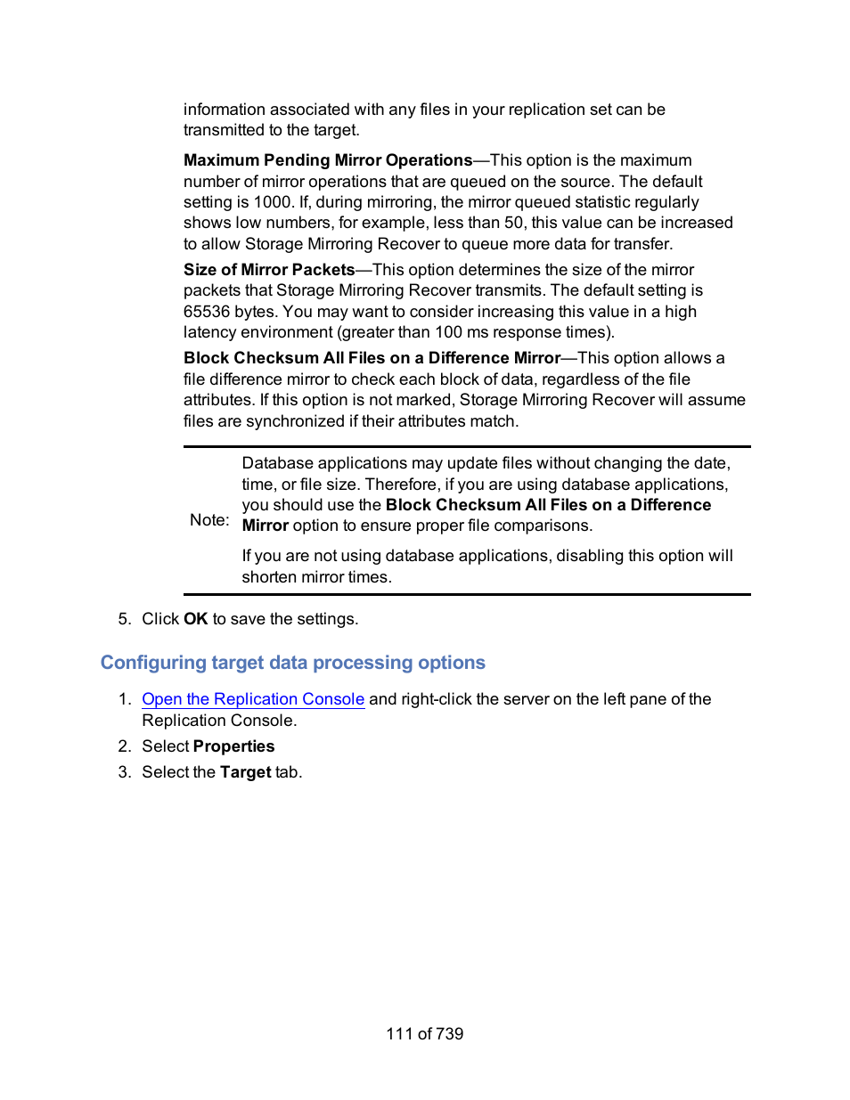 Configuring target data processing options | HP Storage Mirroring Software User Manual | Page 113 / 741