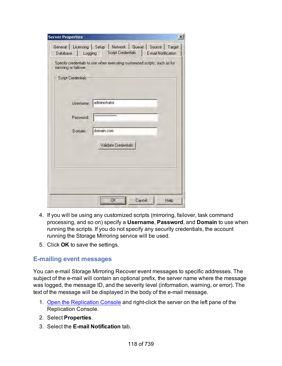 E-mailing event messages | HP Storage Mirroring Software User Manual | Page 120 / 741