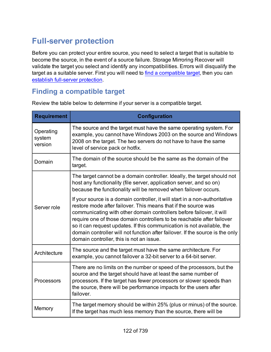 Full-server protection, Finding a compatible target, Entire server | HP Storage Mirroring Software User Manual | Page 124 / 741