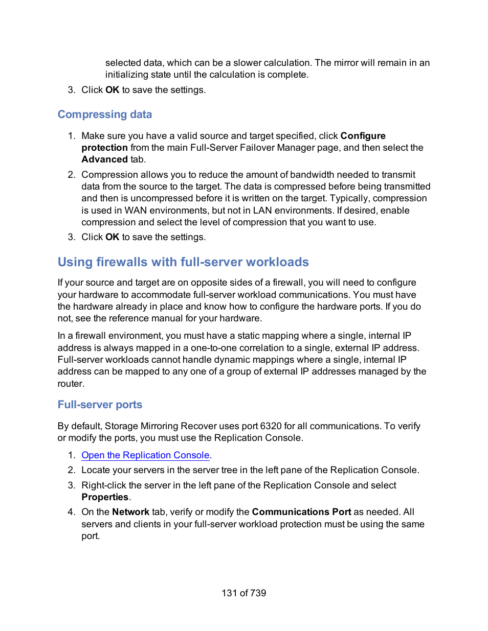 Compressing data, Using firewalls with full-server workloads, Full-server ports | HP Storage Mirroring Software User Manual | Page 133 / 741