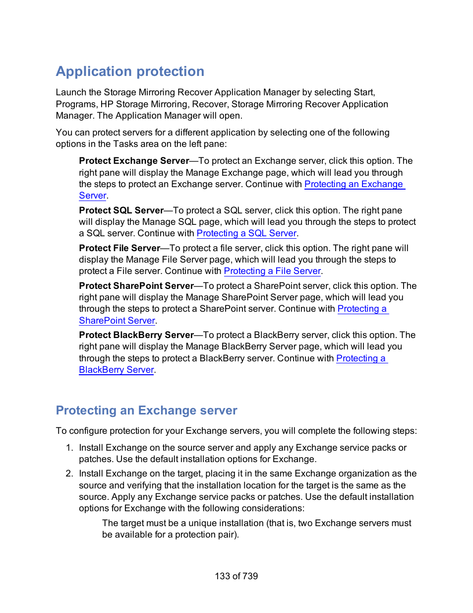 Application protection, Protecting an exchange server, Applications | HP Storage Mirroring Software User Manual | Page 135 / 741