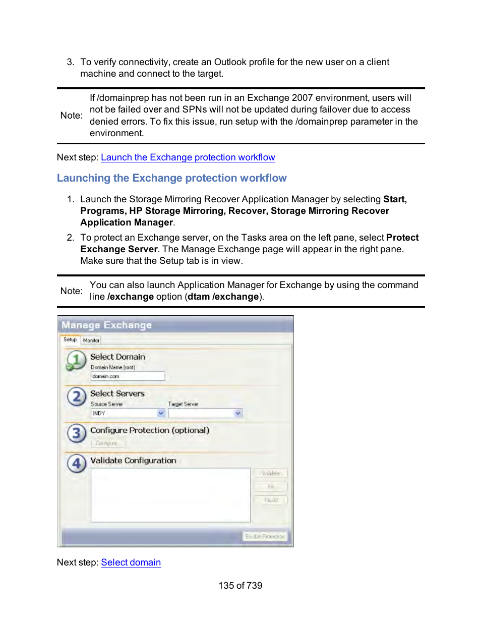 Launching the exchange protection workflow, Exchange server protection workflow | HP Storage Mirroring Software User Manual | Page 137 / 741