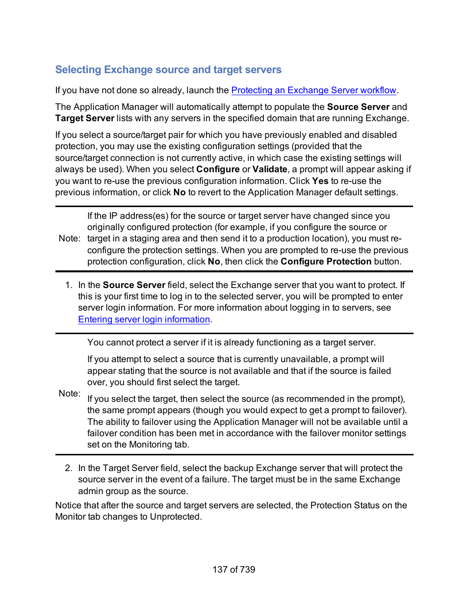 Selecting exchange source and target servers, Select source and target servers | HP Storage Mirroring Software User Manual | Page 139 / 741