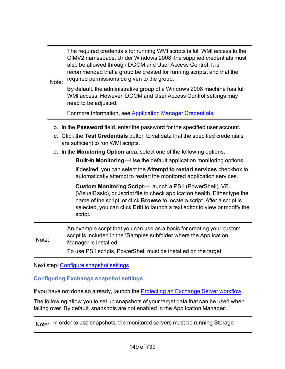 Configuring exchange snapshot settings, Snapshot settings | HP Storage Mirroring Software User Manual | Page 151 / 741