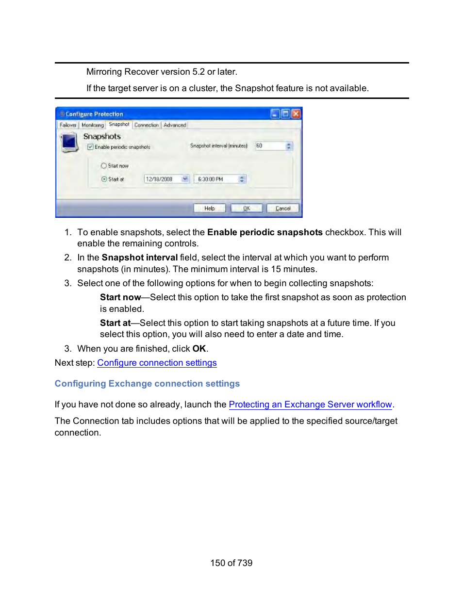 Configuring exchange connection settings, Connection settings | HP Storage Mirroring Software User Manual | Page 152 / 741