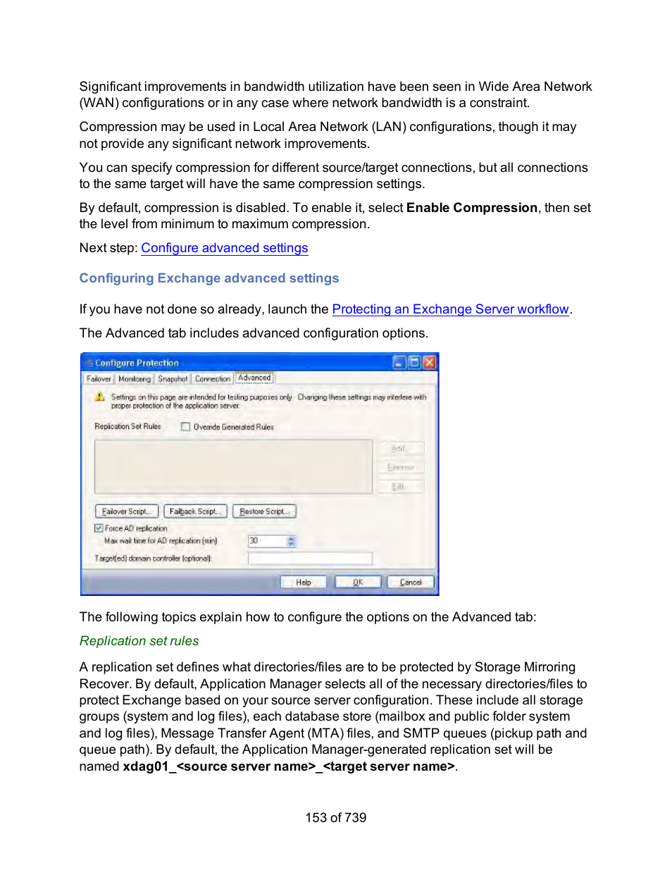 Configuring exchange advanced settings, Advanced settings | HP Storage Mirroring Software User Manual | Page 155 / 741