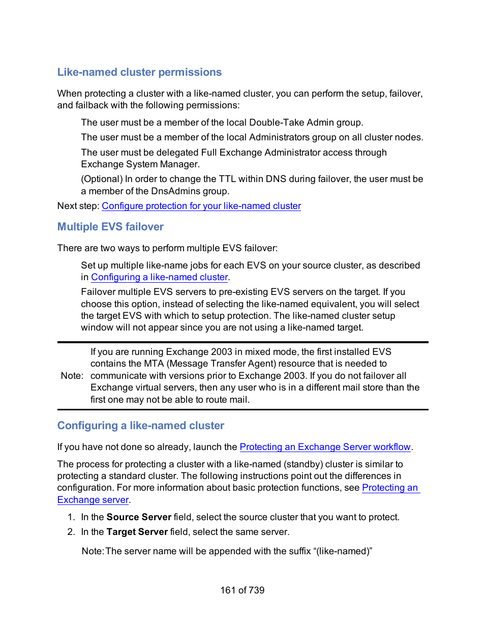 Like-named cluster permissions, Multiple evs failover, Configuring a like-named cluster | HP Storage Mirroring Software User Manual | Page 163 / 741