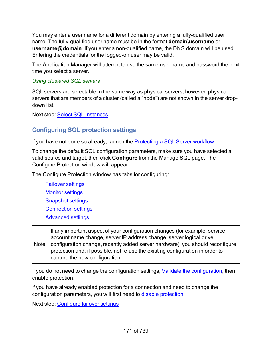 Configuring sql protection settings, Configure protection settings | HP Storage Mirroring Software User Manual | Page 173 / 741