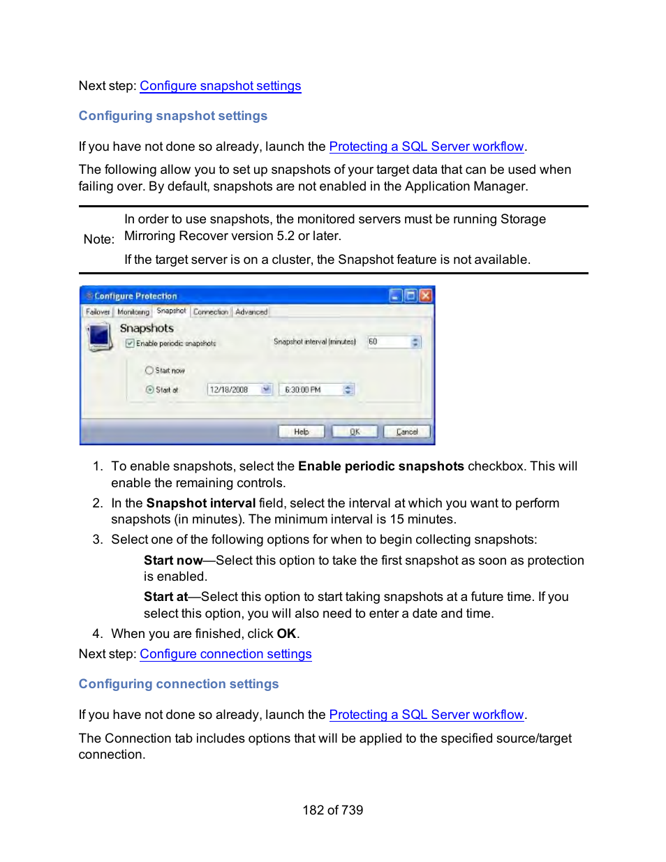 Configuring snapshot settings, Configuring connection settings, Snapshot settings | Connection settings | HP Storage Mirroring Software User Manual | Page 184 / 741