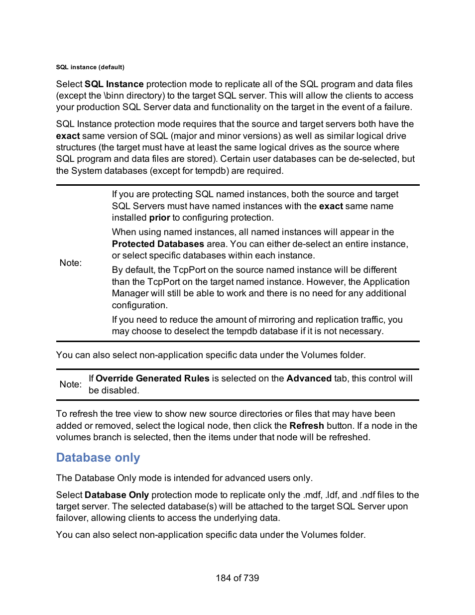 Sql instance (default), Database only | HP Storage Mirroring Software User Manual | Page 186 / 741