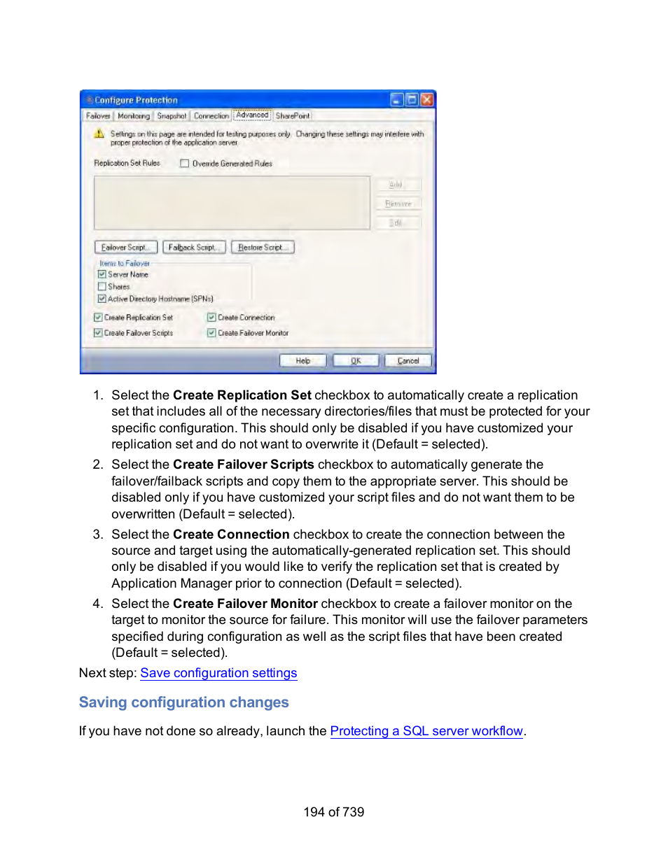 Saving configuration changes | HP Storage Mirroring Software User Manual | Page 196 / 741