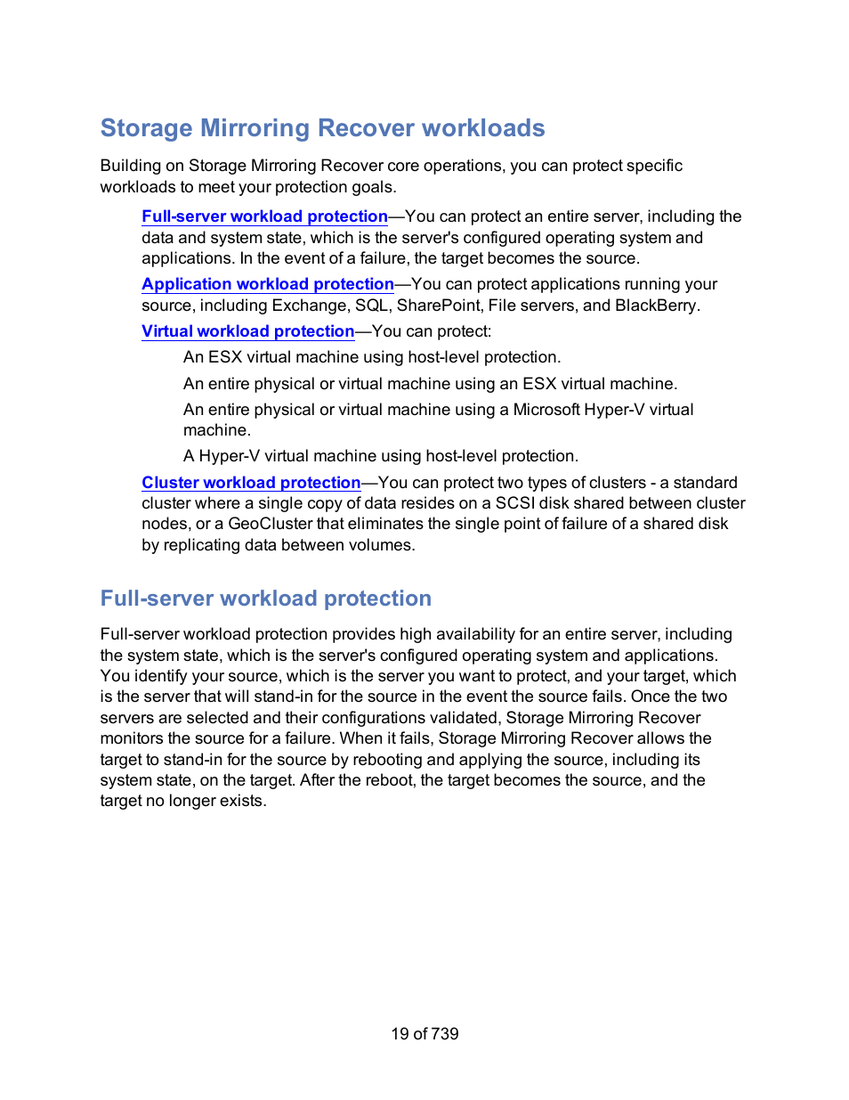 Storage mirroring recover workloads, Full-server workload protection | HP Storage Mirroring Software User Manual | Page 21 / 741