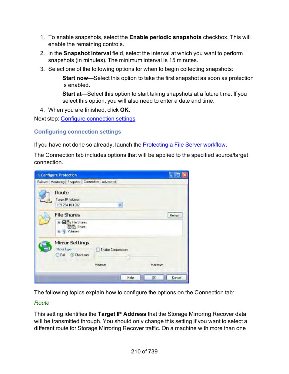 Configuring connection settings, Connection settings | HP Storage Mirroring Software User Manual | Page 212 / 741