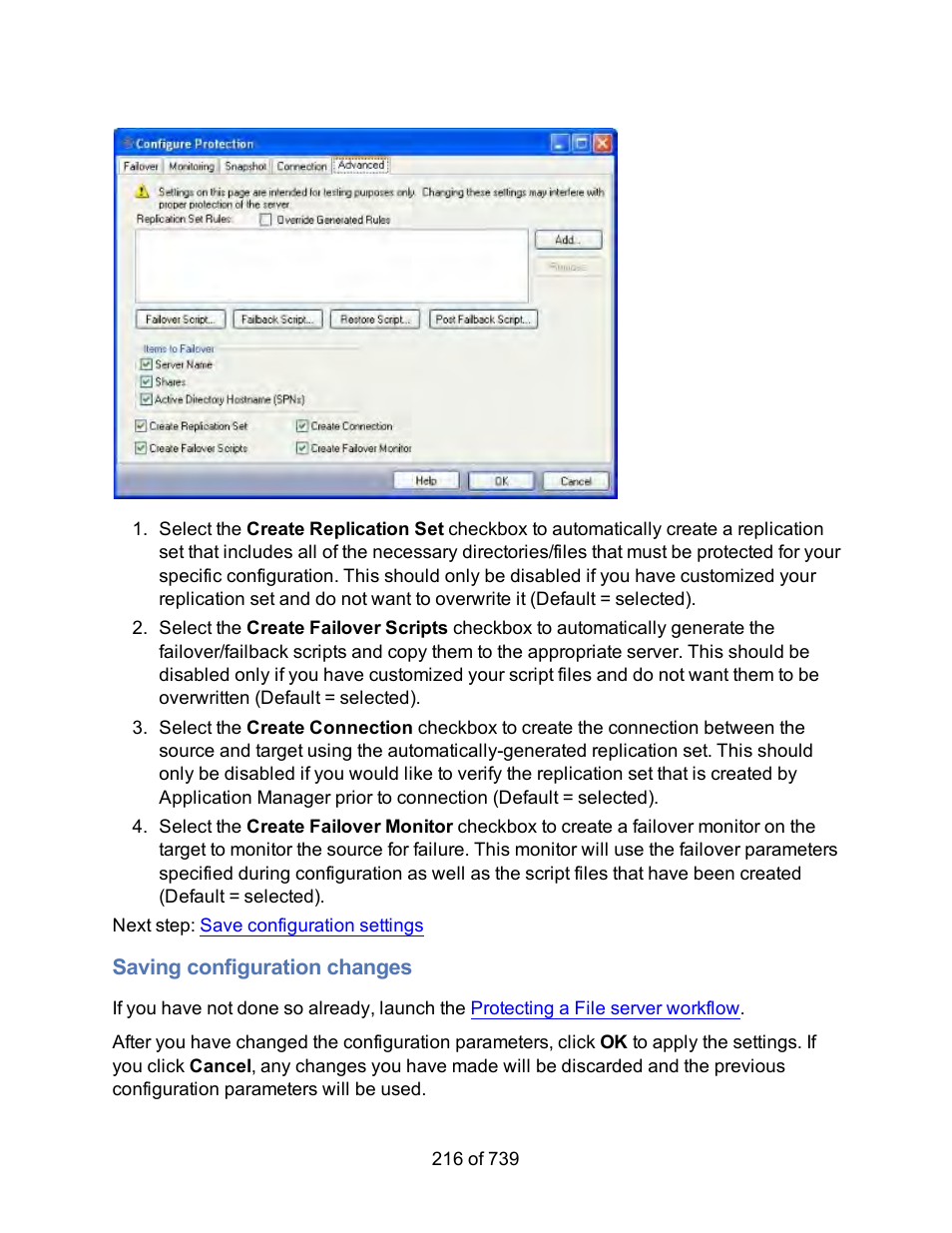 Saving configuration changes | HP Storage Mirroring Software User Manual | Page 218 / 741