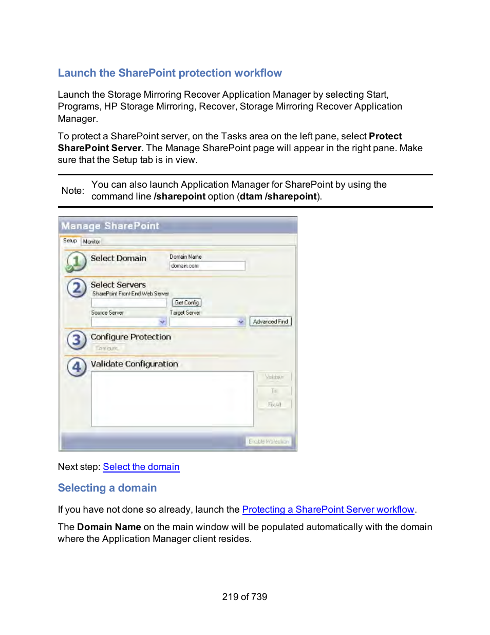 Launch the sharepoint protection workflow, Selecting a domain, Sharepoint server protection workflow | Select a domain | HP Storage Mirroring Software User Manual | Page 221 / 741