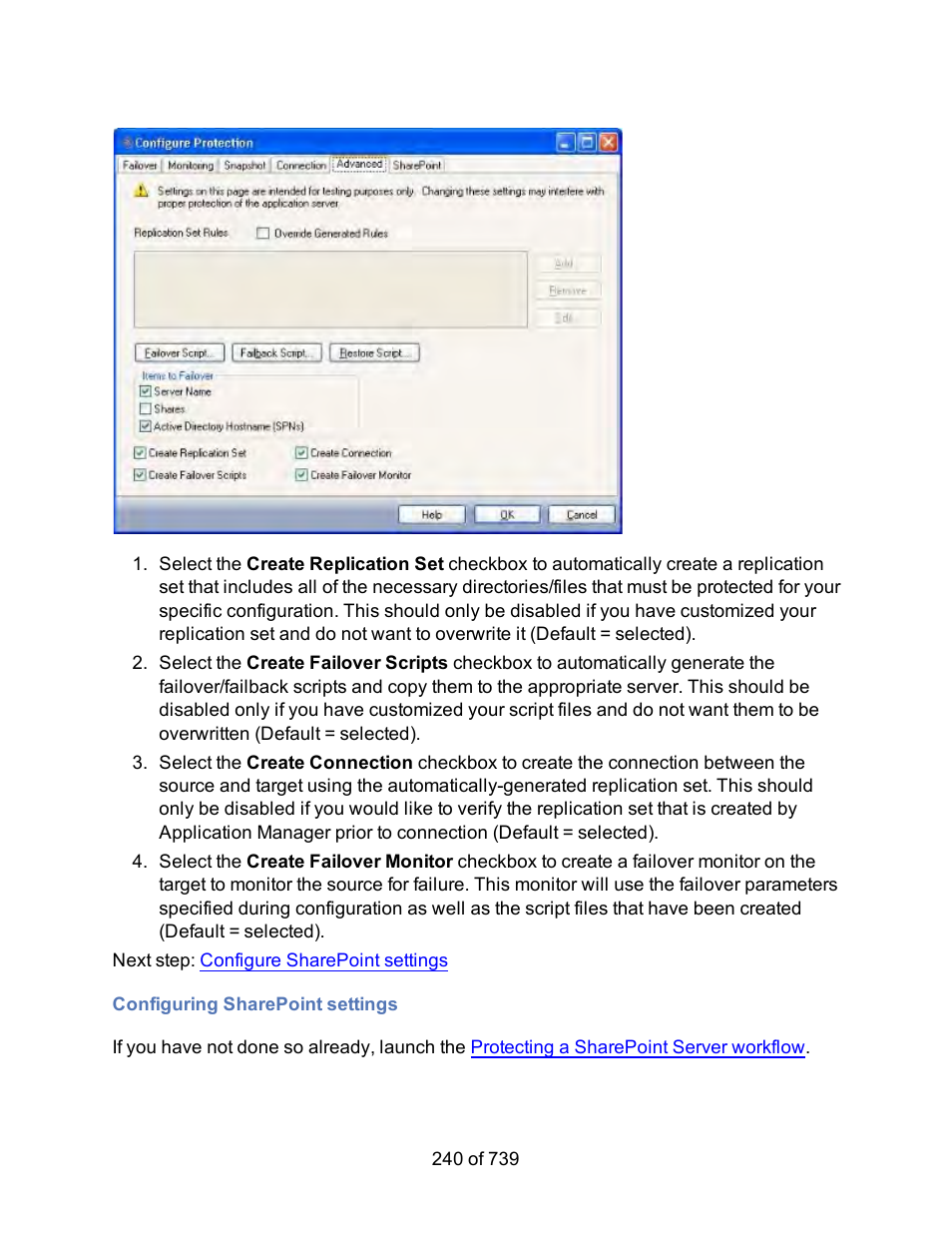 Configuring sharepoint settings, Sharepoint settings | HP Storage Mirroring Software User Manual | Page 242 / 741