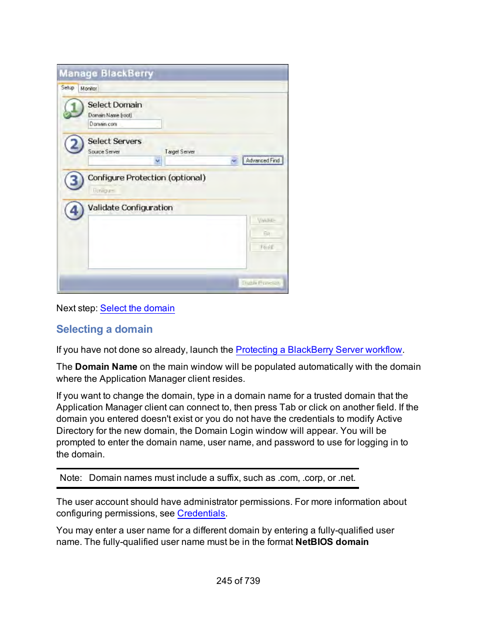 Selecting a domain, Select a domain | HP Storage Mirroring Software User Manual | Page 247 / 741