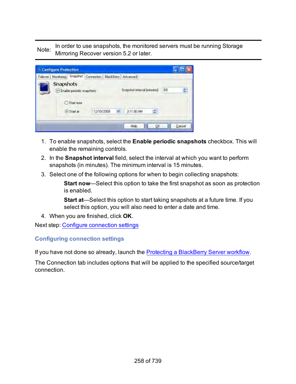 Configuring connection settings, Connection settings | HP Storage Mirroring Software User Manual | Page 260 / 741