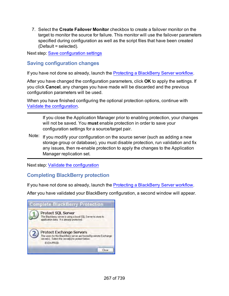 Saving configuration changes, Completing blackberry protection | HP Storage Mirroring Software User Manual | Page 269 / 741