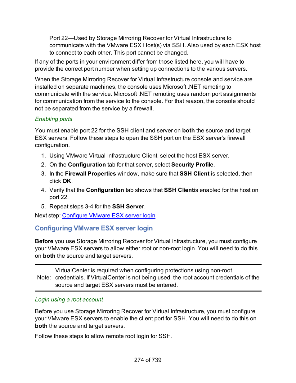 Configuring vmware esx server login, Root or non-root login | HP Storage Mirroring Software User Manual | Page 276 / 741