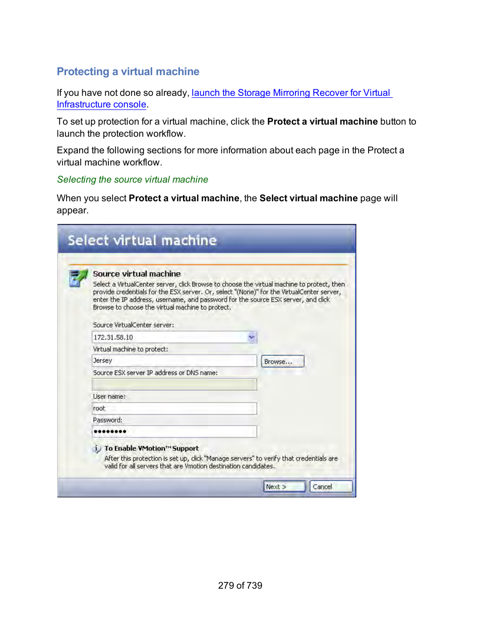 Protecting a virtual machine, Set up protection for the virtual machine | HP Storage Mirroring Software User Manual | Page 281 / 741
