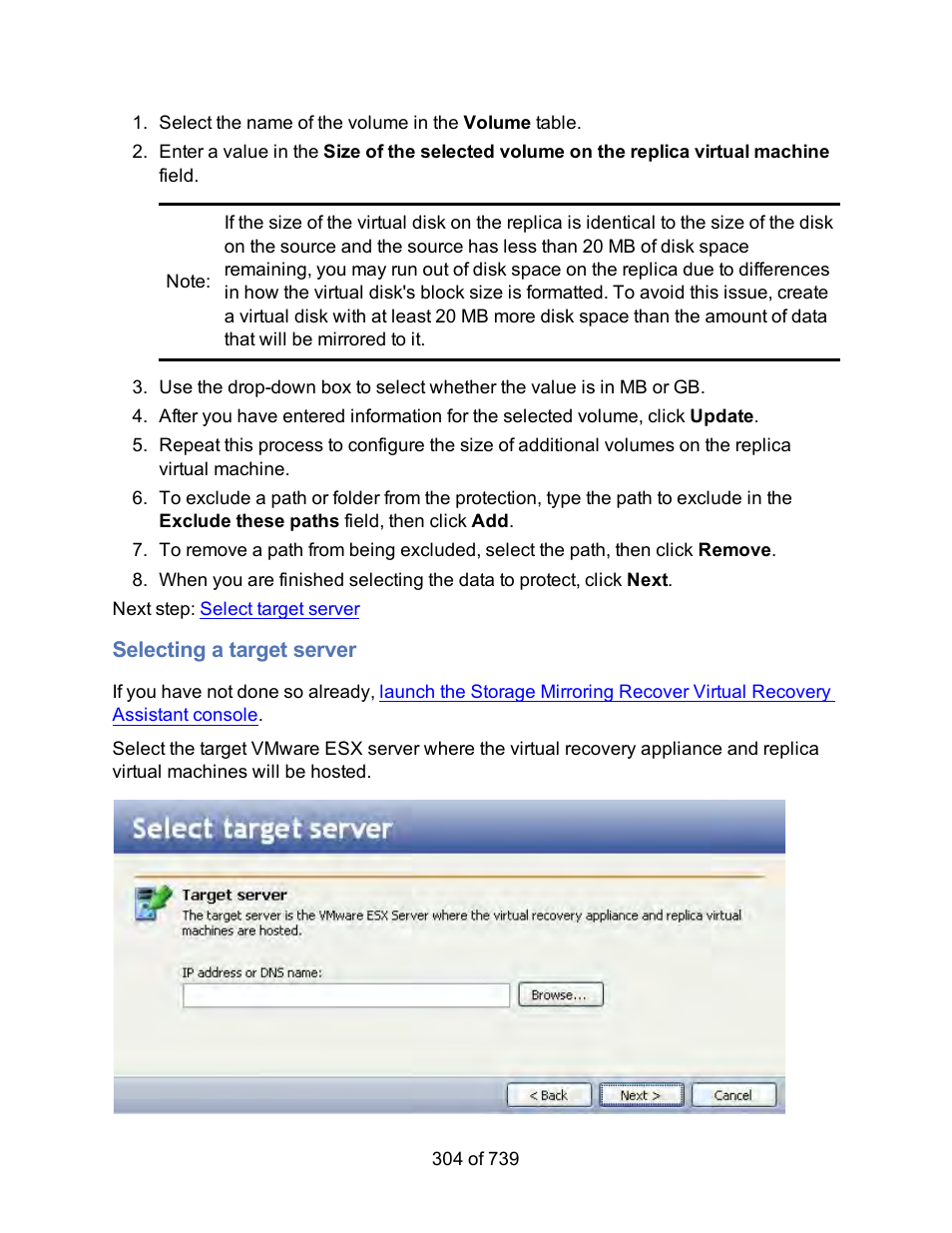 Selecting a target server | HP Storage Mirroring Software User Manual | Page 306 / 741