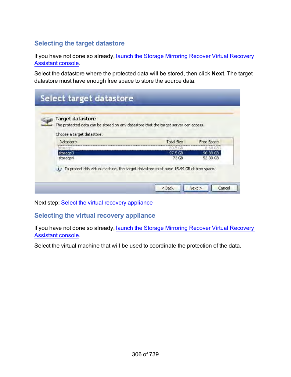 Selecting the target datastore, Selecting the virtual recovery appliance | HP Storage Mirroring Software User Manual | Page 308 / 741