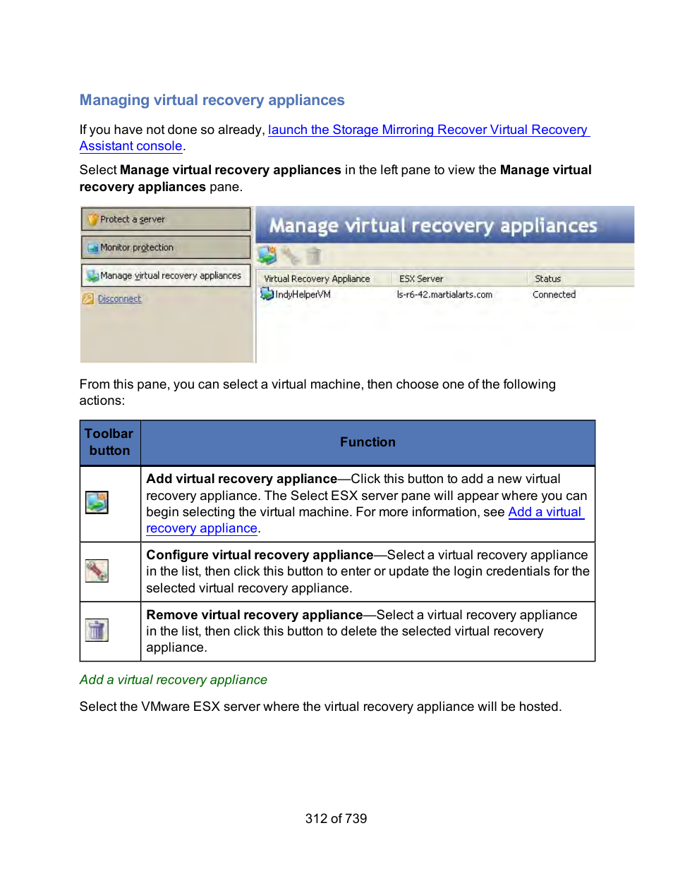 Managing virtual recovery appliances | HP Storage Mirroring Software User Manual | Page 314 / 741