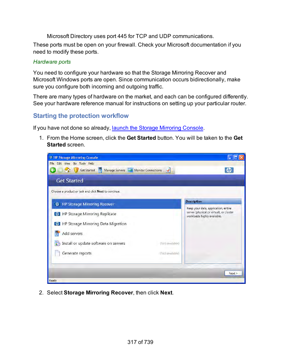 Starting the protection workflow, Protect a server to a hyper-v virtual machine | HP Storage Mirroring Software User Manual | Page 319 / 741