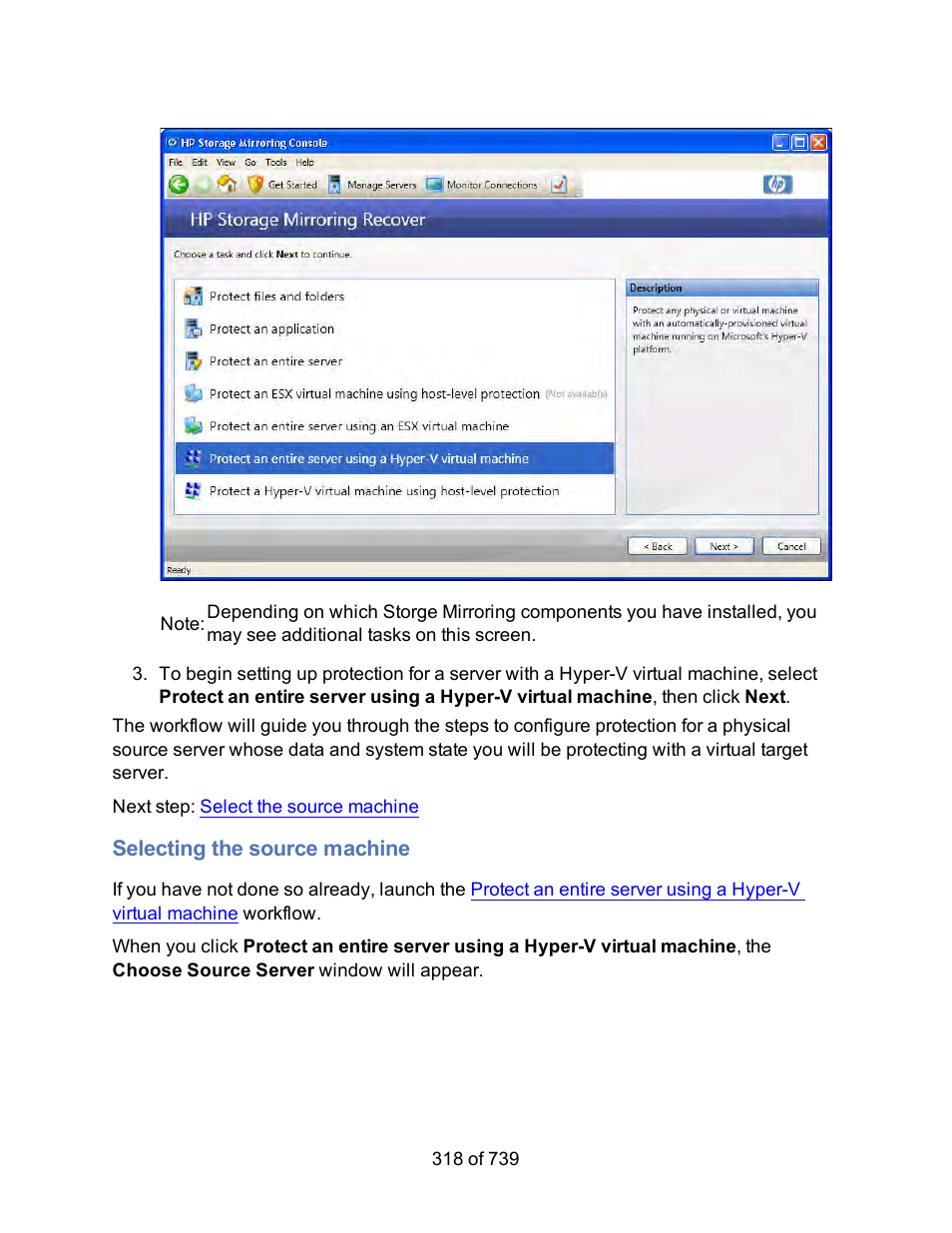 Selecting the source machine | HP Storage Mirroring Software User Manual | Page 320 / 741