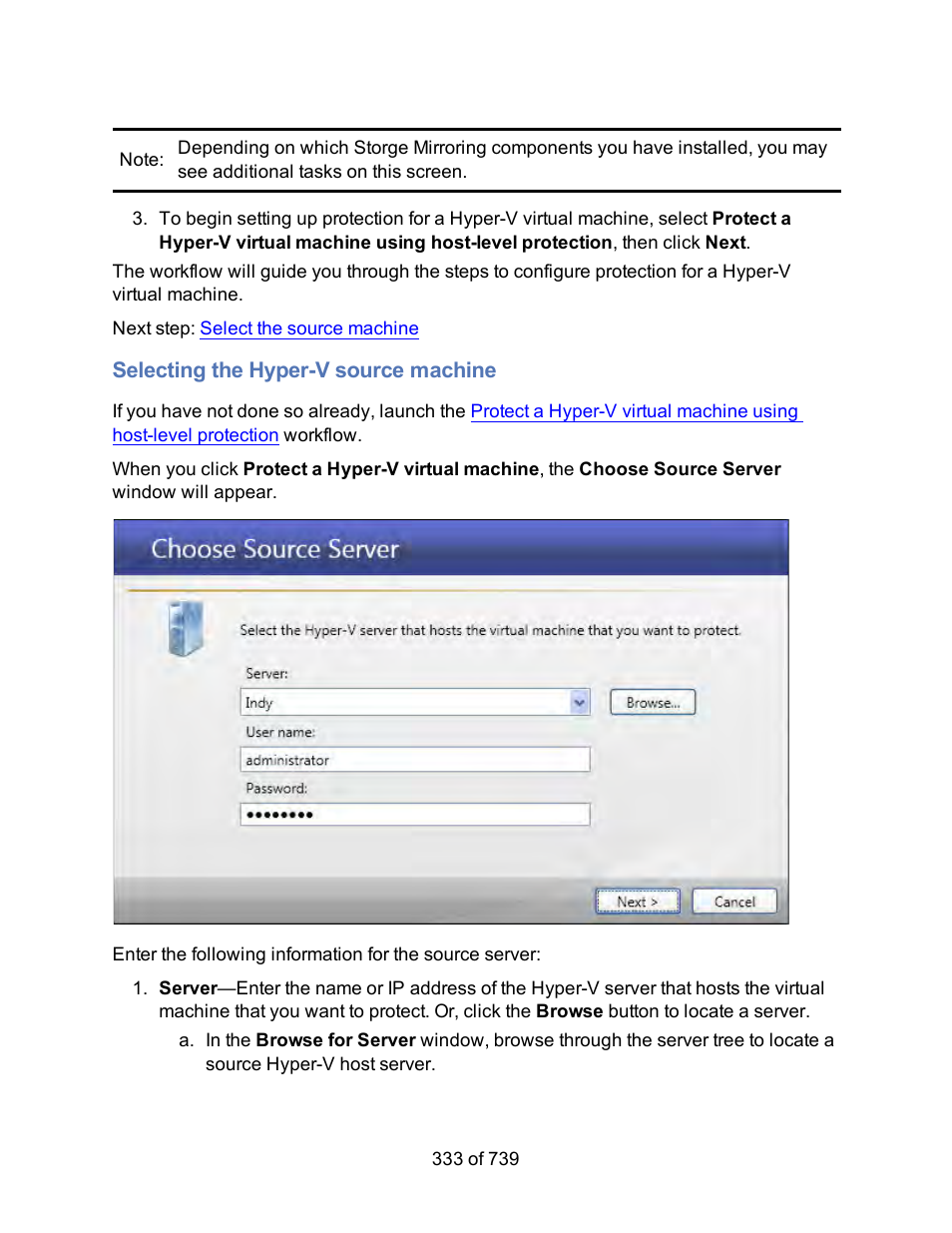 Selecting the hyper-v source machine | HP Storage Mirroring Software User Manual | Page 335 / 741