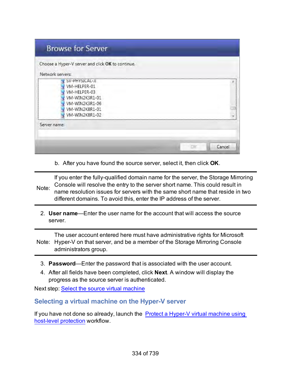 Selecting a virtual machine on the hyper-v server | HP Storage Mirroring Software User Manual | Page 336 / 741