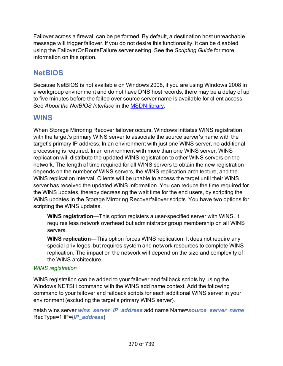 Netbios, Wins | HP Storage Mirroring Software User Manual | Page 372 / 741