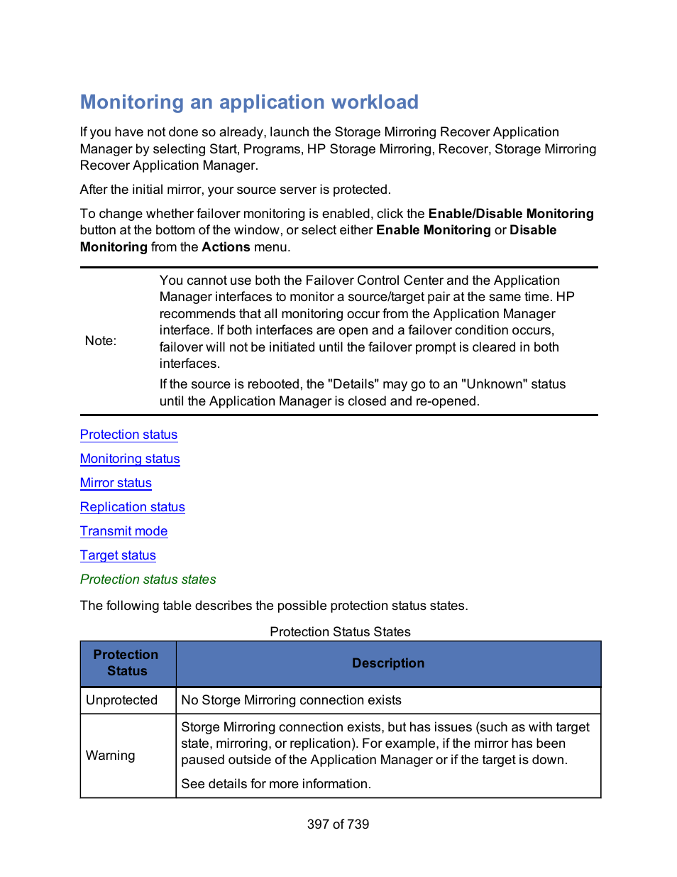 Monitoring an application workload, Protection status states, Monitor protection status | Monitor protection, Application workload | HP Storage Mirroring Software User Manual | Page 399 / 741