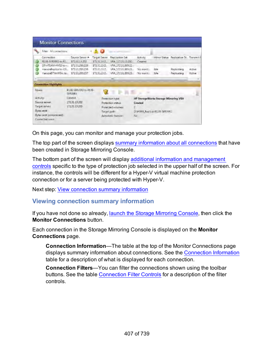 Viewing connection summary information | HP Storage Mirroring Software User Manual | Page 409 / 741