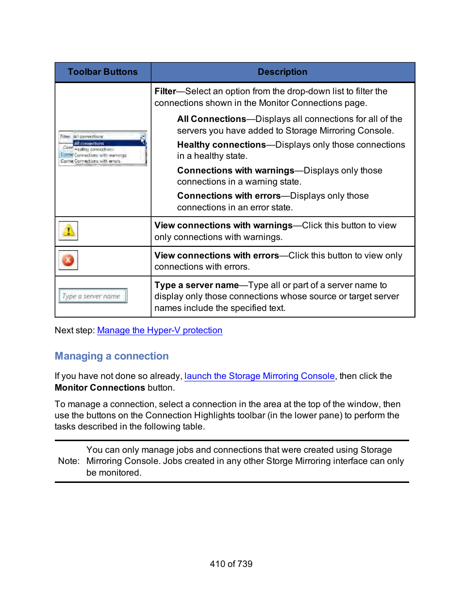 Managing a connection, Manage your hyper-v protection jobs, Additional information and management | Controls | HP Storage Mirroring Software User Manual | Page 412 / 741